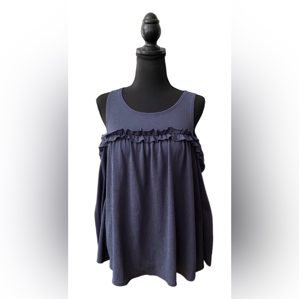 LC Lauren Conrad: Blue Cold Shoulder Ruffle Trim Blouse